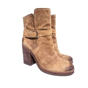 Sam Edelman  Suede Camel Factory Distressed Chunky Heel Booties Size 7.5